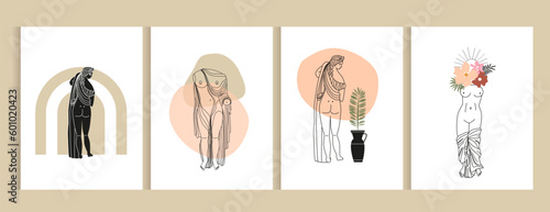 Set of modern abstract posters, covers, backgrounds. Ancient Greek goddess, antique statue concept. Flowers, vases, abstract shapes. Modern linear background, banner.
Renaissance. Hand drawn line art