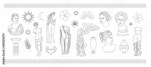 Modern set of Greek statues, sculptures, columns, celestial elements, vases, flowers. Ancient Greek goddess, antique statue. Linear vector isolated on white background. Hand drawn line art