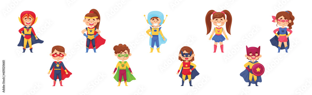 Smiling Boy and Girl Character in Superhero Costume and Cloak Standing Ready to Save the World Vector Illustration Set Smiling Boy and Girl Character in Superhero Costume and Cloak Standing Ready to Save the World Vector Illustration Set