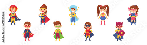 Smiling Boy and Girl Character in Superhero Costume and Cloak Standing Ready to Save the World Vector Illustration Set