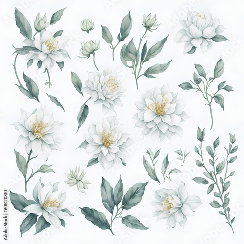 Illustration of jasmine flowers in assorted watercolors as a collage. AI Generated illustrations © อภิชา จิรัมย์