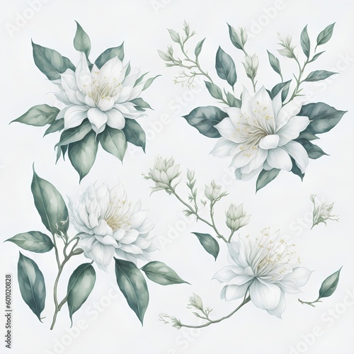 Illustration of jasmine flowers in assorted watercolors as a collage. AI Generated illustrations © อภิชา จิรัมย์