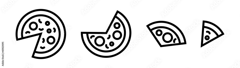 Pizza icons set. Black line pizza for design. Slice of pizza illustration isolated on white background. Vector EPS 10 Pizza icons set. Black line pizza for design. Slice of pizza illustration isolated on white background. Vector EPS 10