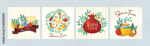 Rosh Hashana Jewish Holiday Greeting Card with Attributes and Symbolic Food Vector Set