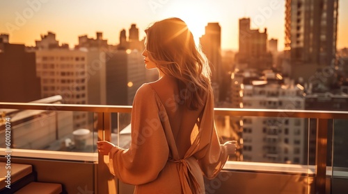 Rich woman enjoy the sunset standing on the balcony at luxury apartments in New York City. Generative AI