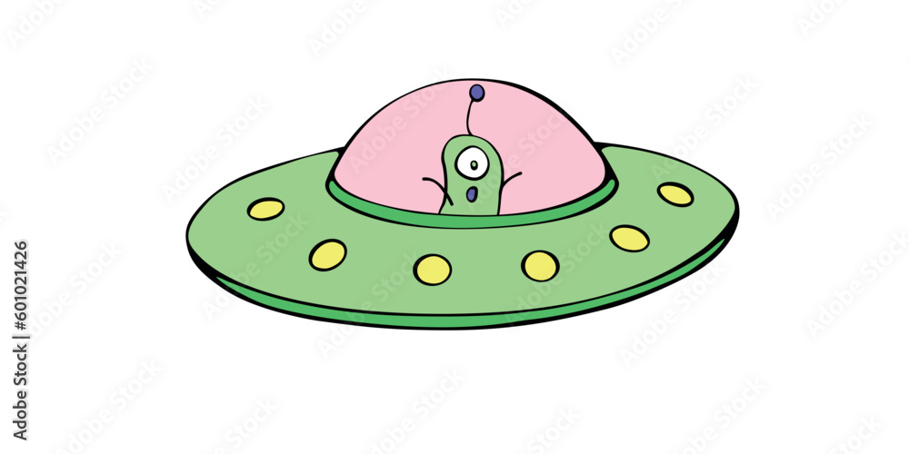 Cartoon cute funny Alien in Flying Saucer, UFO. Simple color vector illustration, icon in flat doodle style. Cartoon cute funny Alien in Flying Saucer, UFO. Simple color vector illustration, icon in flat doodle style.