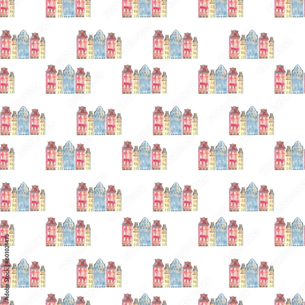 print with houses painted in watercolor by hand. Stockholm's hand-drawn houses. color pattern, residential building, windows, roof, walls. print with houses painted in watercolor by hand. Stockholm's hand-drawn houses. color pattern, residential building, windows, roof, walls.