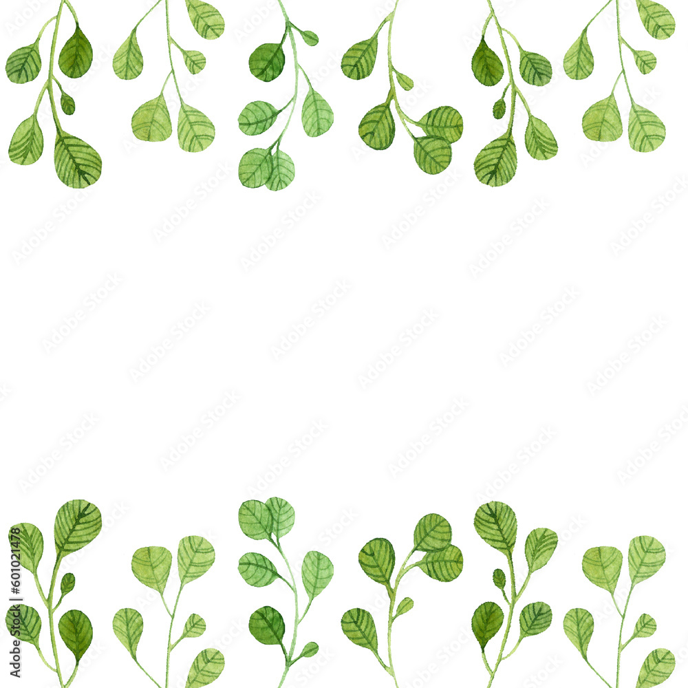isolated watercolor hand drawn leaf border, floral motif ornamental stripe, leaves, plants, twigs