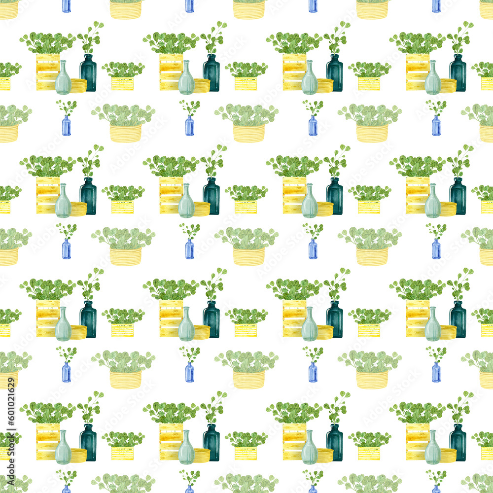 pastoral style seamless watercolor pattern with leaves, baskets, bottles and glass vases, twigs, grass, hand drawn picture