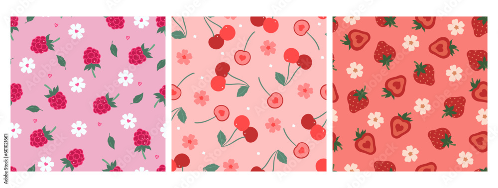 A set of simple patterns with berries and flowers. Vector graphics.