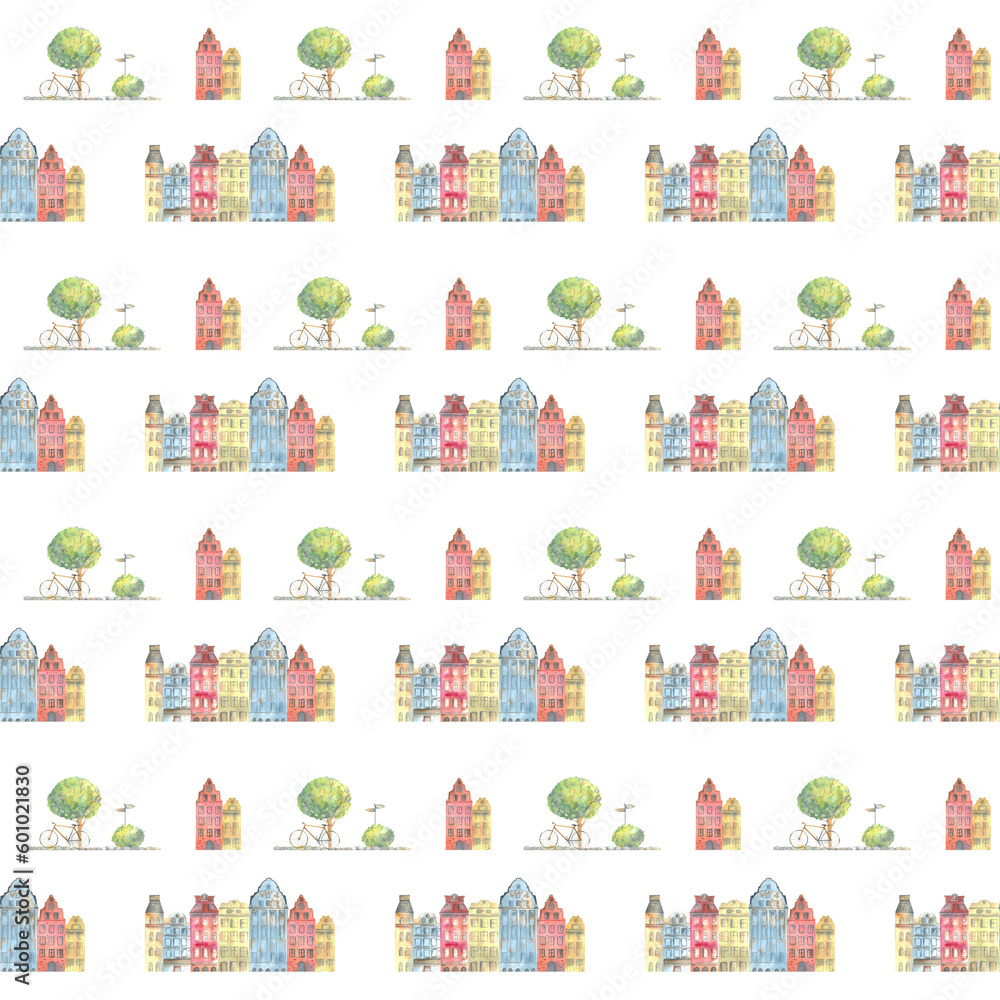 seamless watercolor pattern with houses, bikes and trees, bushes. buildings, roof, paving stones, windows, hand drawn print seamless watercolor pattern with houses, bikes and trees, bushes. buildings, roof, paving stones, windows, hand drawn print