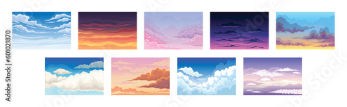 Sky Scene with Clouds Drifting Across It and Staying Still Vector Set