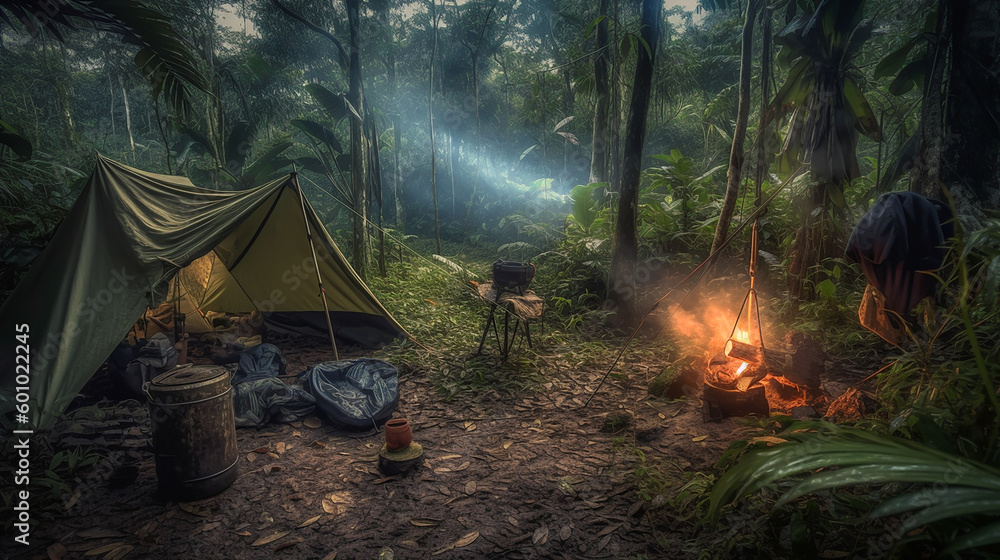 camping in the Amazon jungle. Generative AI Stock Illustration Adobe