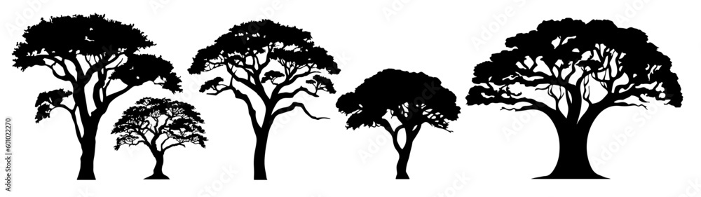 Africa Safari savanna trees Set Collection Icons for logo - Black silhouette of tree symbols, isolated on white background (Generative AI) - obrazy, fototapety, plakaty 
