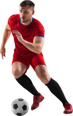 Young man in red uniform, professional football player in motion training, dribbling ball isolated over transparent background. Concept of sport, competition, action and motion, lifestyle