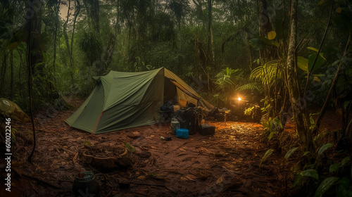 camping in the Amazon jungle. Generative AI 