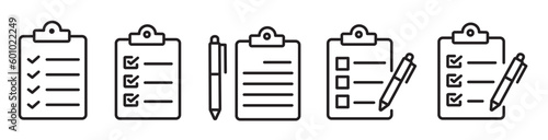 Document, clipboard, checklist, report, survey editable stroke outline vector icons set. Vector illustration.