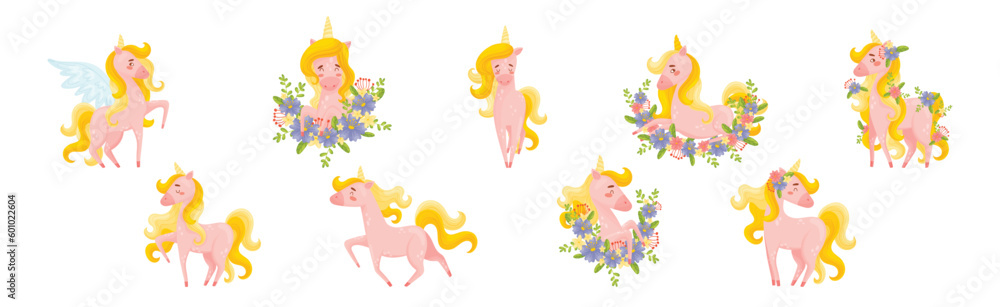 Pink Unicorn with Slender Legs and Golden Mane Vector Set