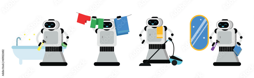 Fototapeta premium Domestic Robot for Automation Household Help Housekeeping Vector Set