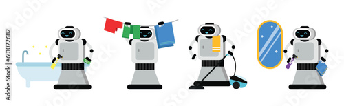 Domestic Robot for Automation Household Help Housekeeping Vector Set