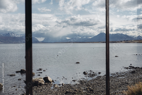 Panoramic window over a lake in Puerto Natales, Patagonia, Chile photo