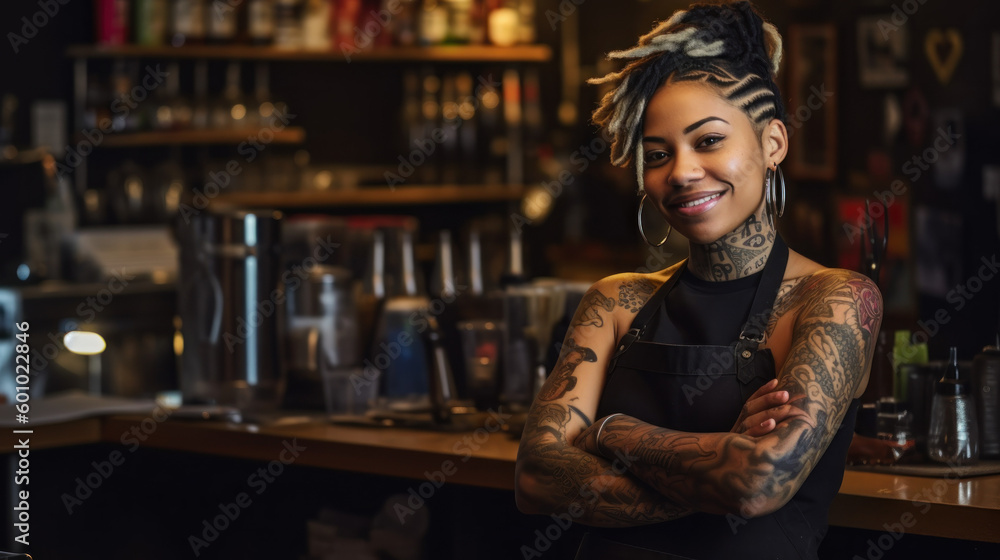 A beautiful black female, girl, barista, bartender, wearing a black shirt and a black apron, tattooed arms, leaning on the bar, generative ai