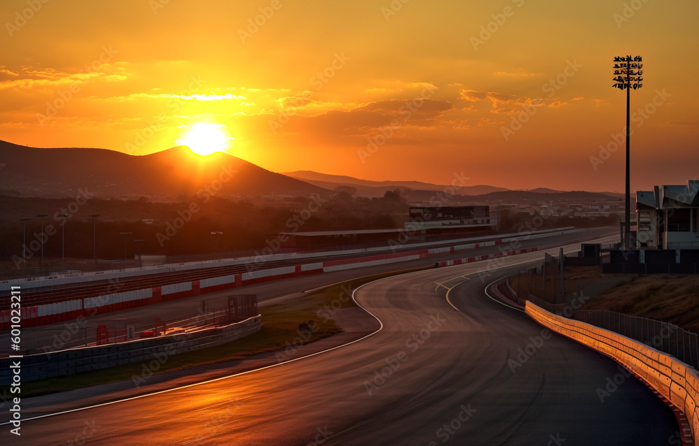 Fototapeta premium Racing into the Dusk: Experience the Beauty of a Circuit at Sunset created with Generative AI technology
