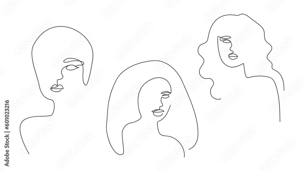 Women's faces in one line art style.Continuous line, Vector illustration