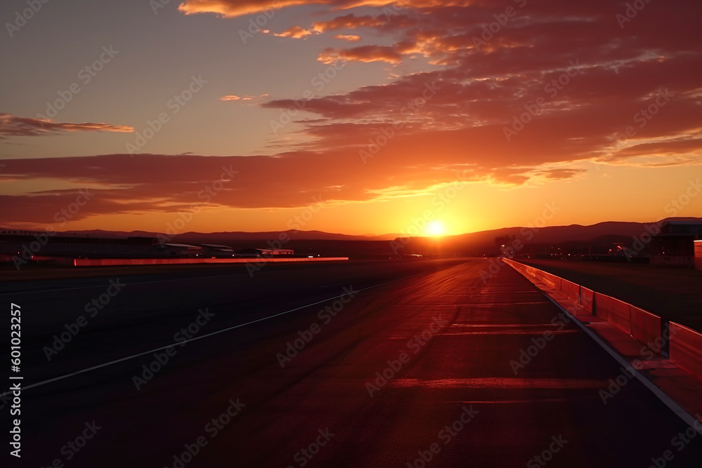 Fototapeta premium The Perfect Finish: Racing into the Sunset on the Circuit created with Generative AI technology