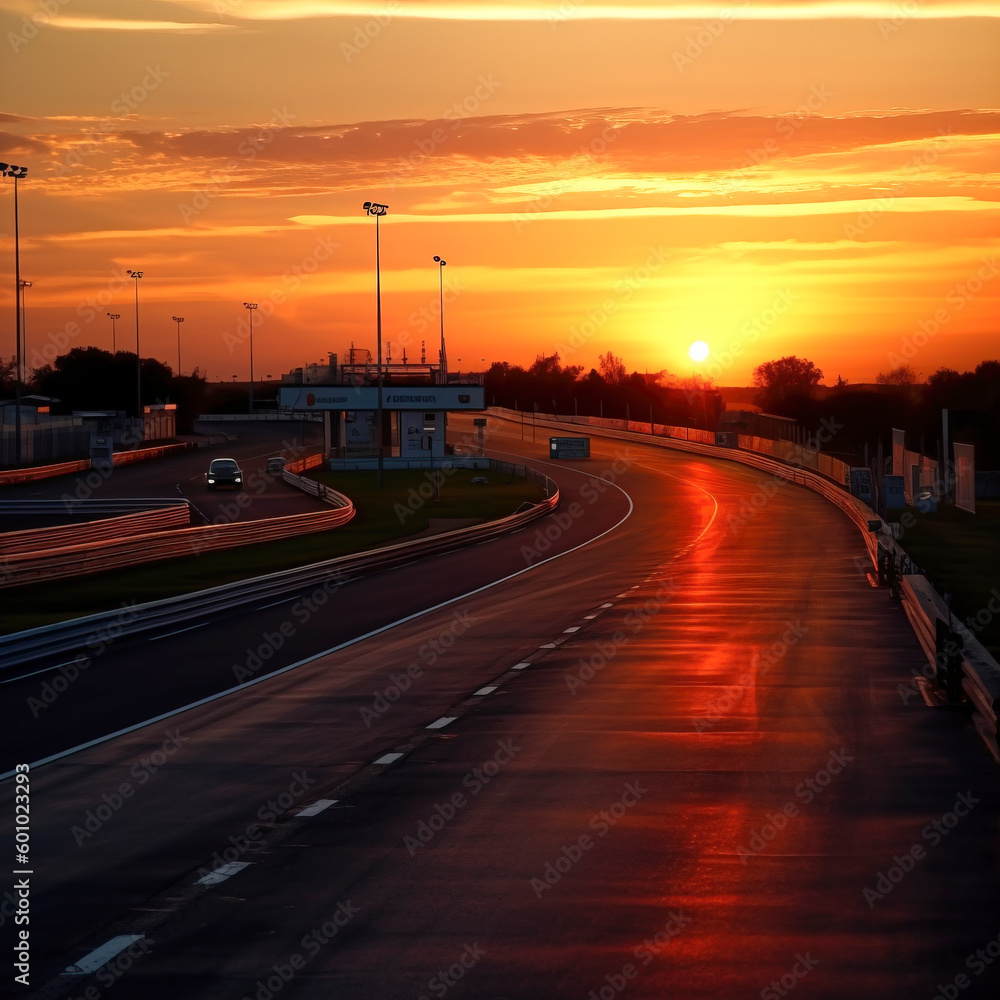 The Perfect Finish: Racing into the Sunset on the Circuit created with Generative AI technology
