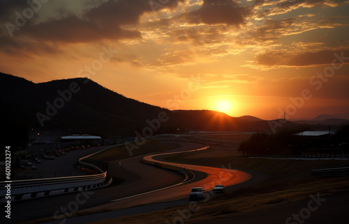 Racing into the Dusk  Experience the Beauty of a Circuit at Sunset created with Generative AI technology