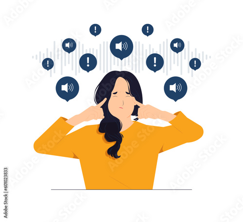 Noise, stress, frustrated depressed stressful girl plugged ears with hands from loud noisy sound concept illustration