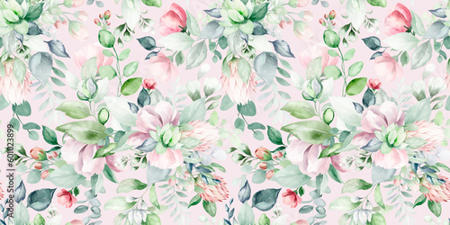 seamless floral watercolor pattern with garden pink flowers, leaves, branches. Botanical tiles, background. eucalyptus, peony, rose.