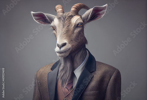 Portrait of a Goat dressed in a business suit in a studio photo. Generative AI. 