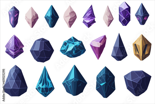 Gem Cartoon Set jewelry 3d stone for game achievement and currency, icon of colored shiny crystal.
