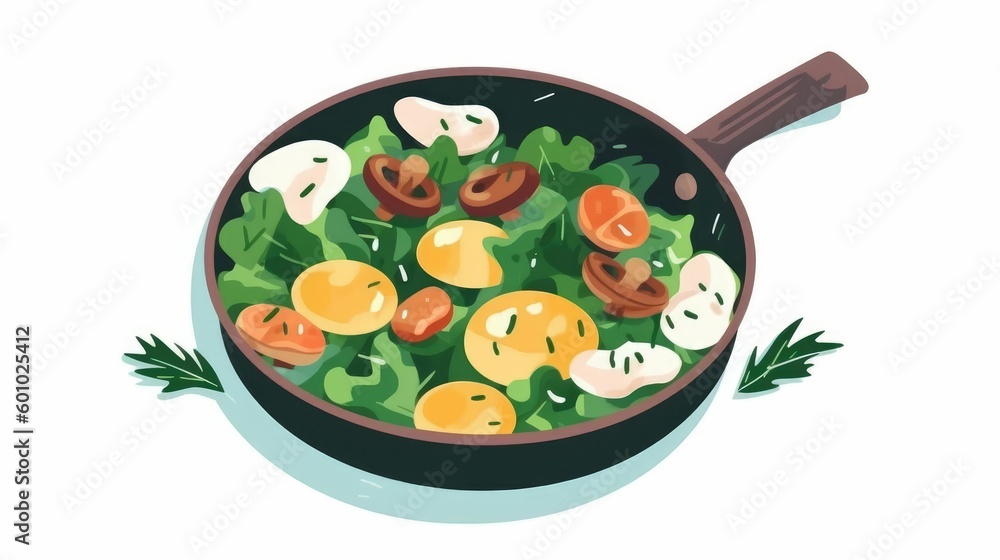 Flat illustration of breakfast with fried egg, mushroom and spinach Flat illustration of breakfast with fried egg, mushroom and spinach