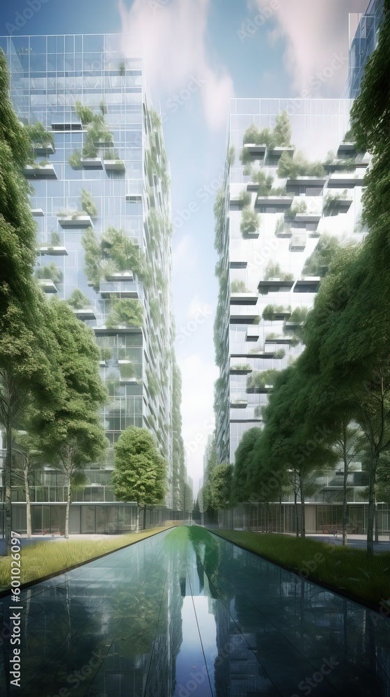 Futuristic architecture with green vegetation. Ecology, urban jungle. Sustainable energy of the future. Generative Ai