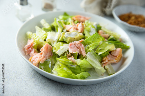 Leaf salad with hot smoked salmon