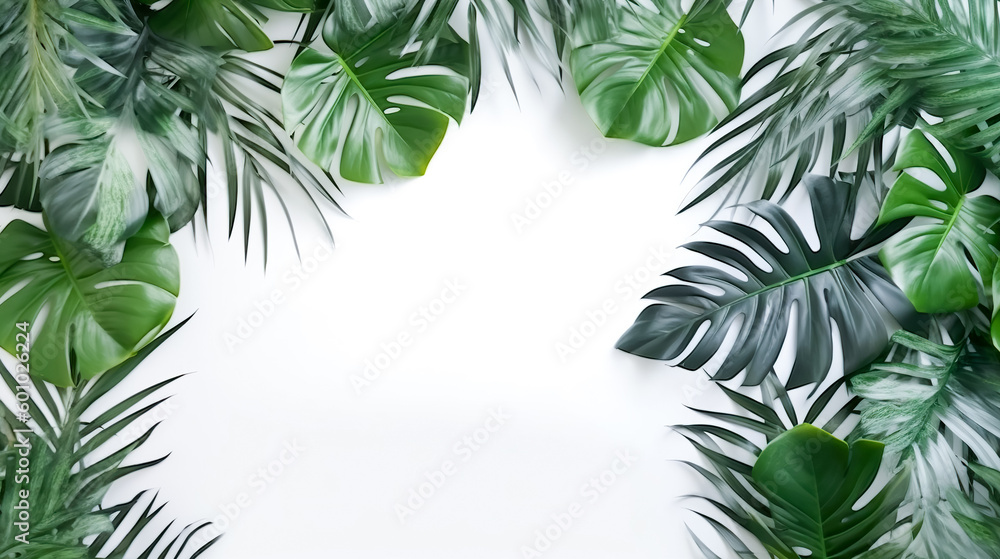 Tropical leaves Monstera on white background. Flat lay, top view. Generative AI