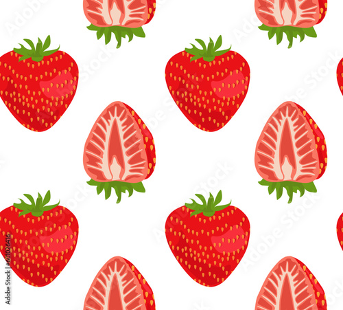 Vector seamless pattern of a whole strawberry cut in half. Bright summer pattern. Suitable for prints and backgrounds.