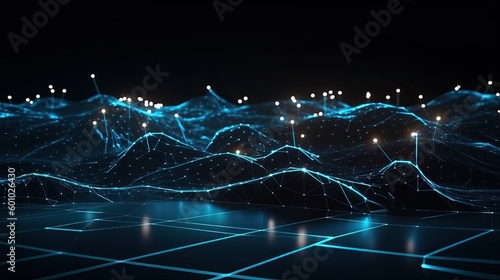 Abstrakt verbundene Punkte und Linien. Bewegung des digitalen Datenflusses. Kommunikations- und Technologie und Netzwerke Konzept mit sich bewegenden Linien und Punkten. 3D-Rendering, generative AI