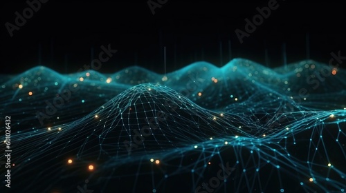 Abstrakt verbundene Punkte und Linien. Bewegung des digitalen Datenflusses. Kommunikations- und Technologie und Netzwerke Konzept mit sich bewegenden Linien und Punkten. 3D-Rendering, generative AI