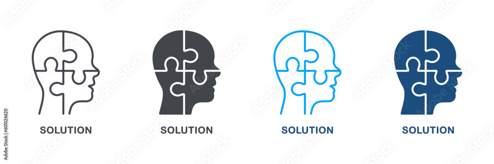 Puzzle in Human Head, Solution Silhouette and Line Icon Set. Creation Idea, Person Brain and Jigsaw Pictogram. Brainstorm, Intellectual Process Symbol Collection. Isolated Vector Illustration Puzzle in Human Head, Solution Silhouette and Line Icon Set. Creation Idea, Person Brain and Jigsaw Pictogram. Brainstorm, Intellectual Process Symbol Collection. Isolated Vector Illustration