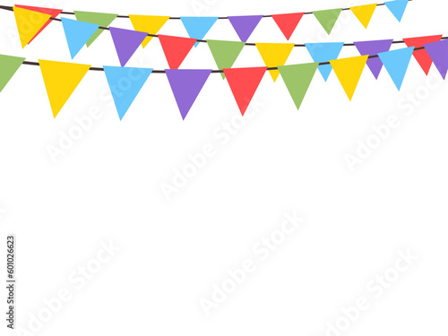 Celebrate hanging triangular garlands. Colorful perspective flags party isolated on white background. Birthday, Christmas, anniversary, and festival fair concept. Vector illustration.