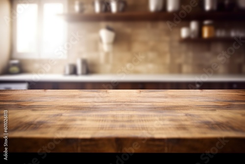 blurred kitchen background and wooden display table -Ai