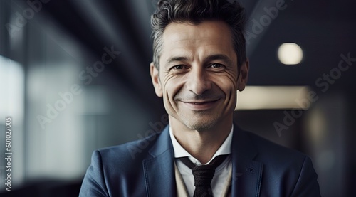 A fictional person. Cheerful Caucasian Businessman in Modern Office Setting