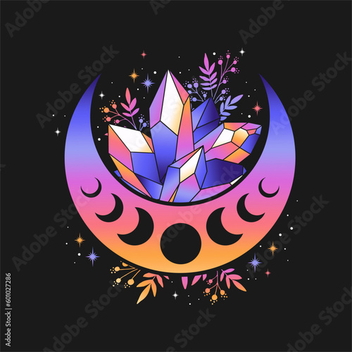 Bohemian crescent with herbs and crystals isolated on black background. Alchemy esoteric magic talisman. Mystical symbol.