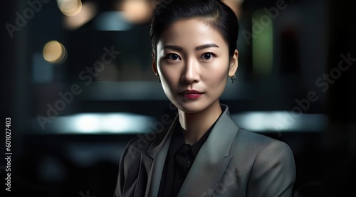 A fictional person. Chinese businesswoman exuding confidence in the office