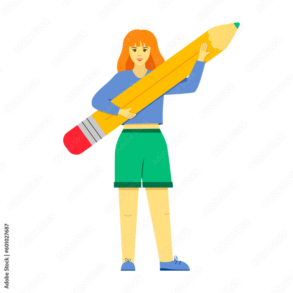 Happy woman holds large pencil. Concept of education, copywriting, creativity, achievement, blogging. Cute funny isolated character. Young student stands with pen. Vector flat illustration Happy woman holds large pencil. Concept of education, copywriting, creativity, achievement, blogging. Cute funny isolated character. Young student stands with pen. Vector flat illustration