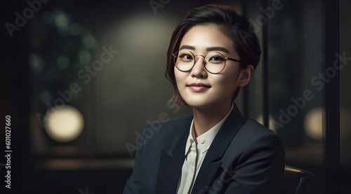 A fictional person. Confident Korean Businesswoman in Office